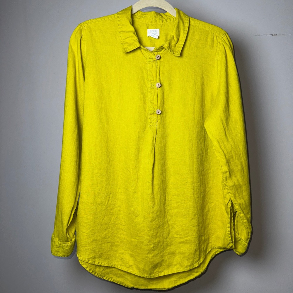 Sigrid Olsen Linen Tunic Top Chartreuse Yellow Button Tab Sleeve Large